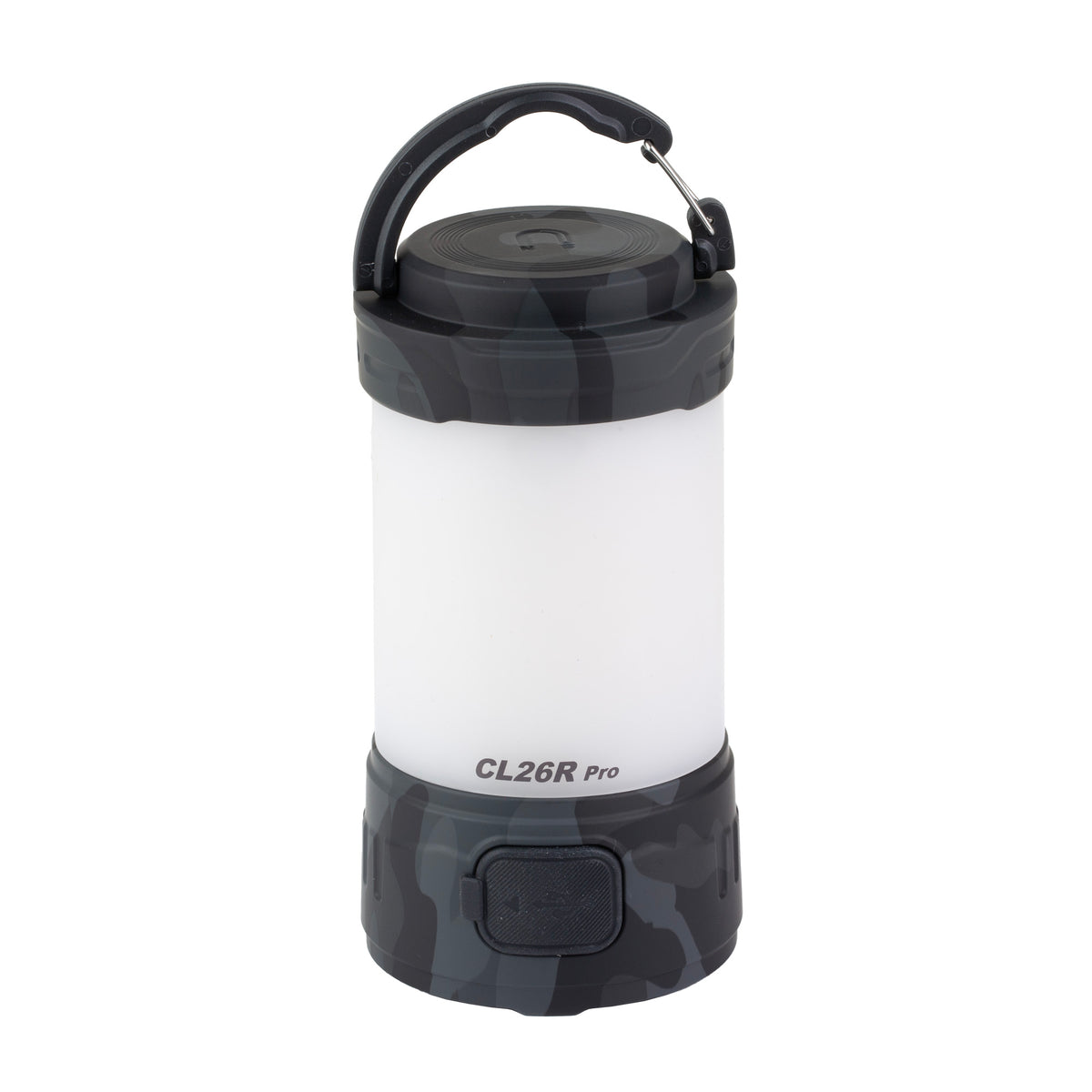 Rear view of the gray camo Fenix CL26R PRO lantern showing the covered USB ports