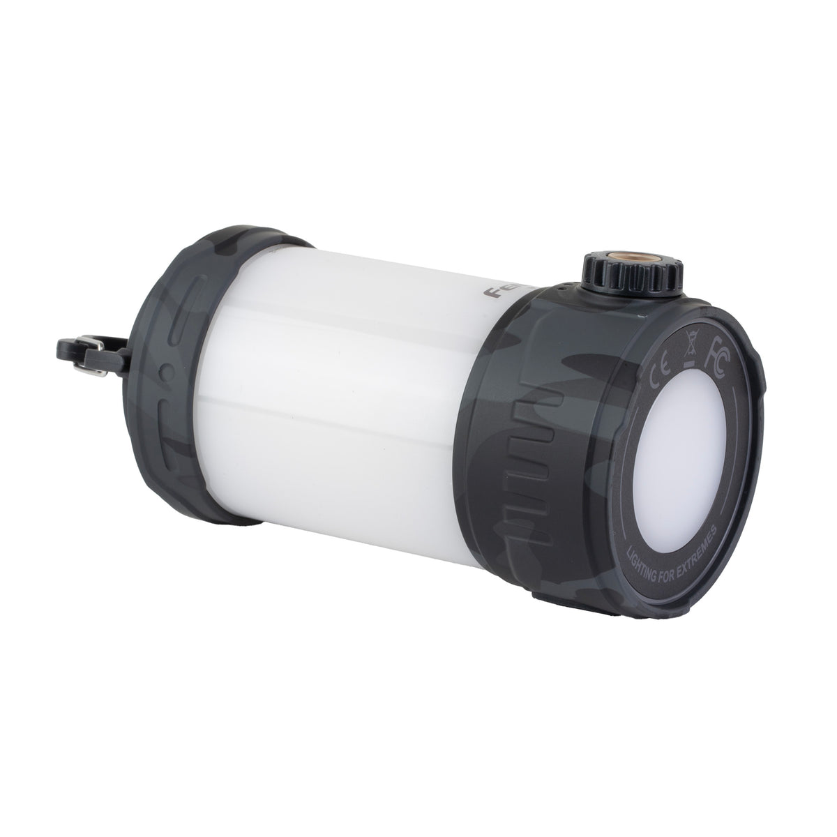 Fenix CL26R PRO lantern in gray camo lying on its side, showing the downward-facing light