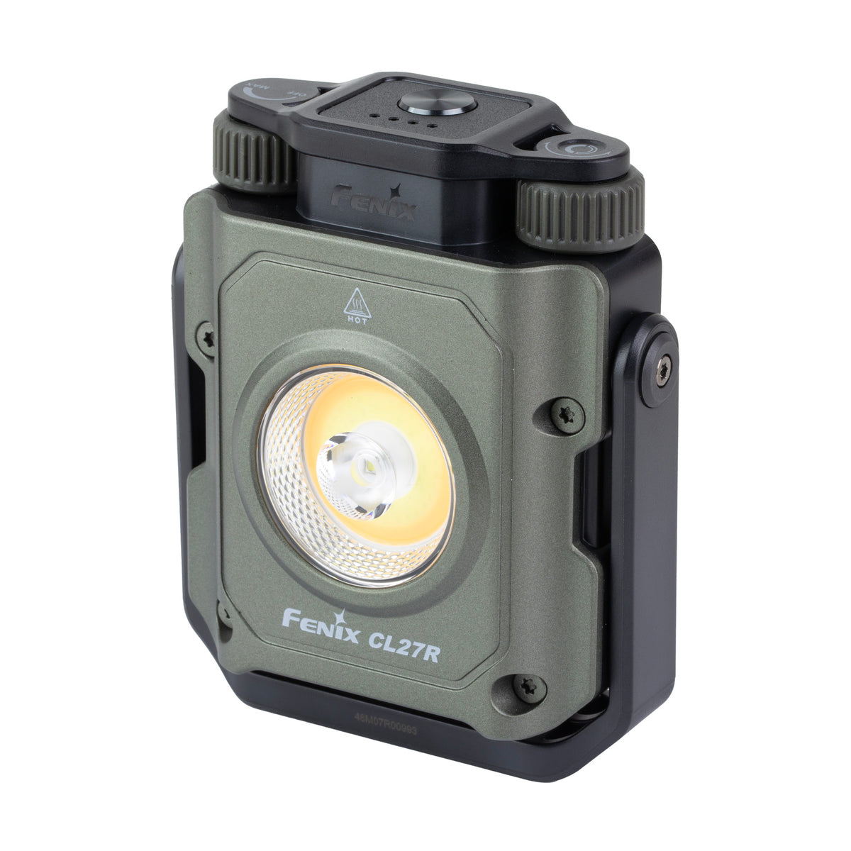 Fenix CL27R lantern in green, angled front view showing the circular light and top rotary dials