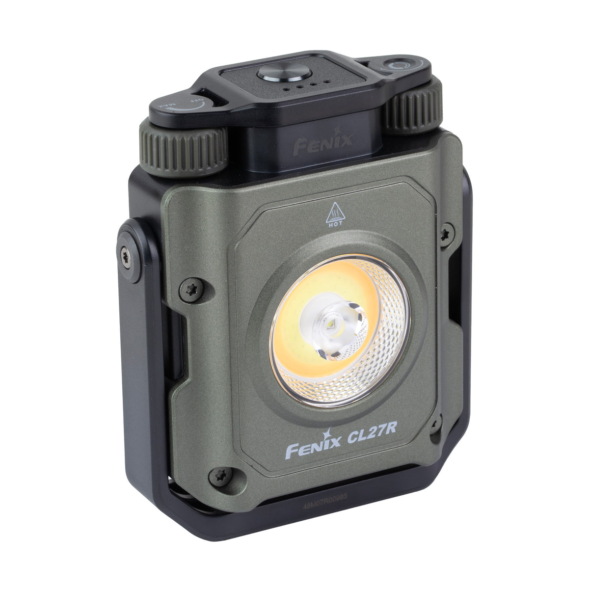 Fenix CL27R lantern in green from the opposite angle, with its handle folded against the body