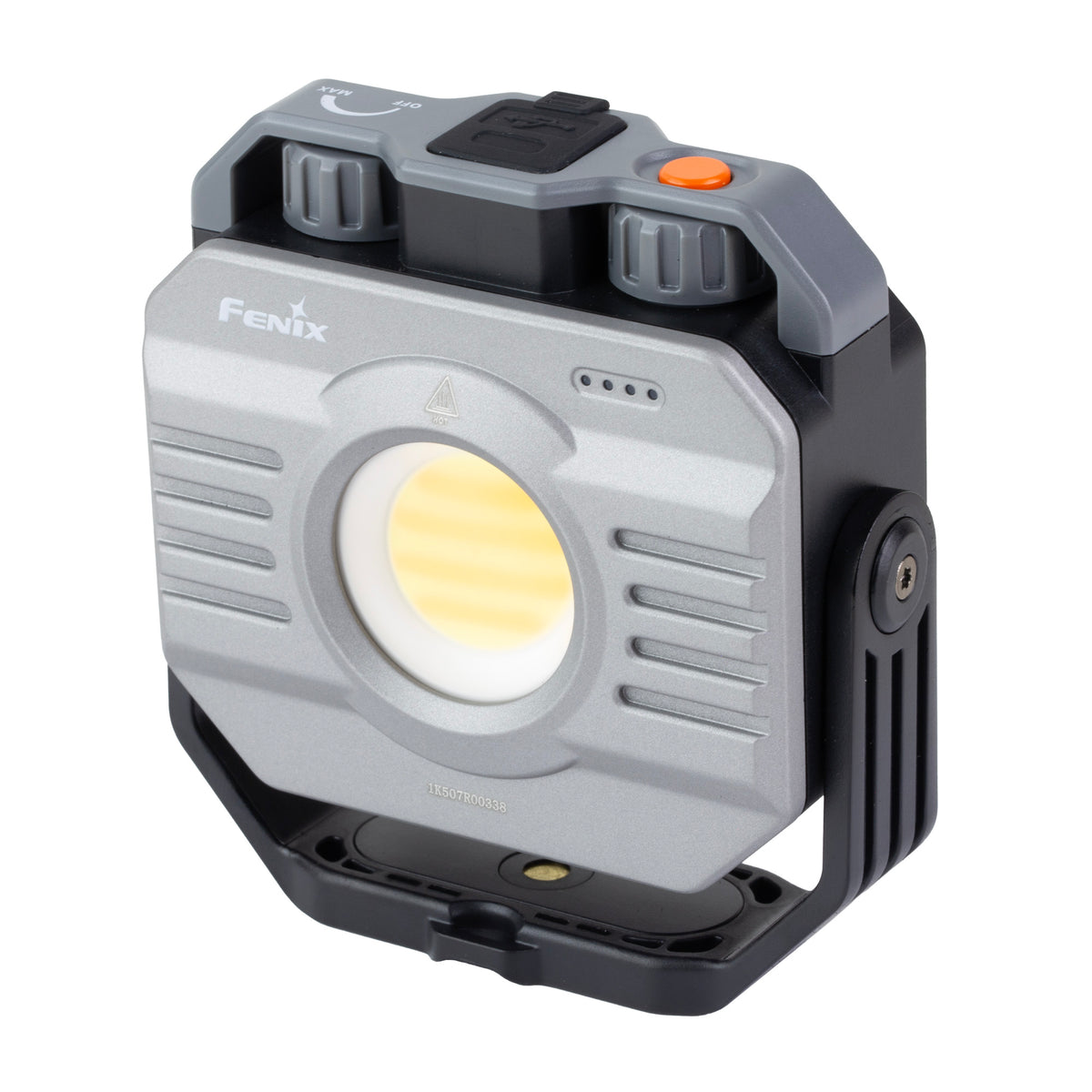 Fenix CL28R lantern in gray, angled front view with top control dials and hinged handle