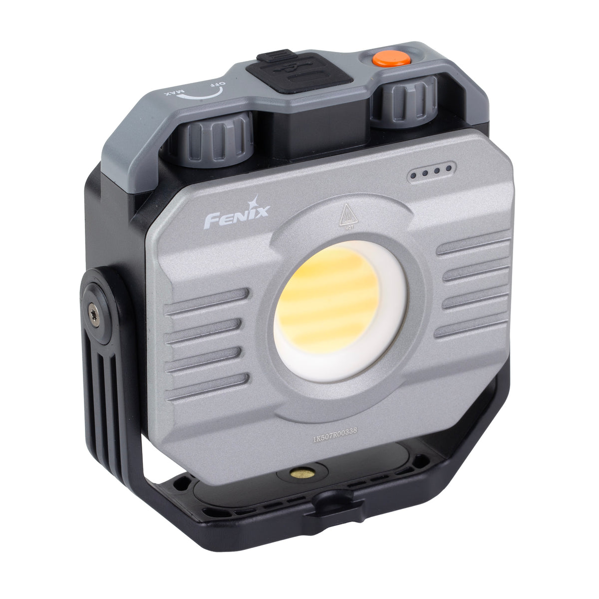 Fenix CL28R lantern in gray from the opposite angle, showing its round light panel and side hinge
