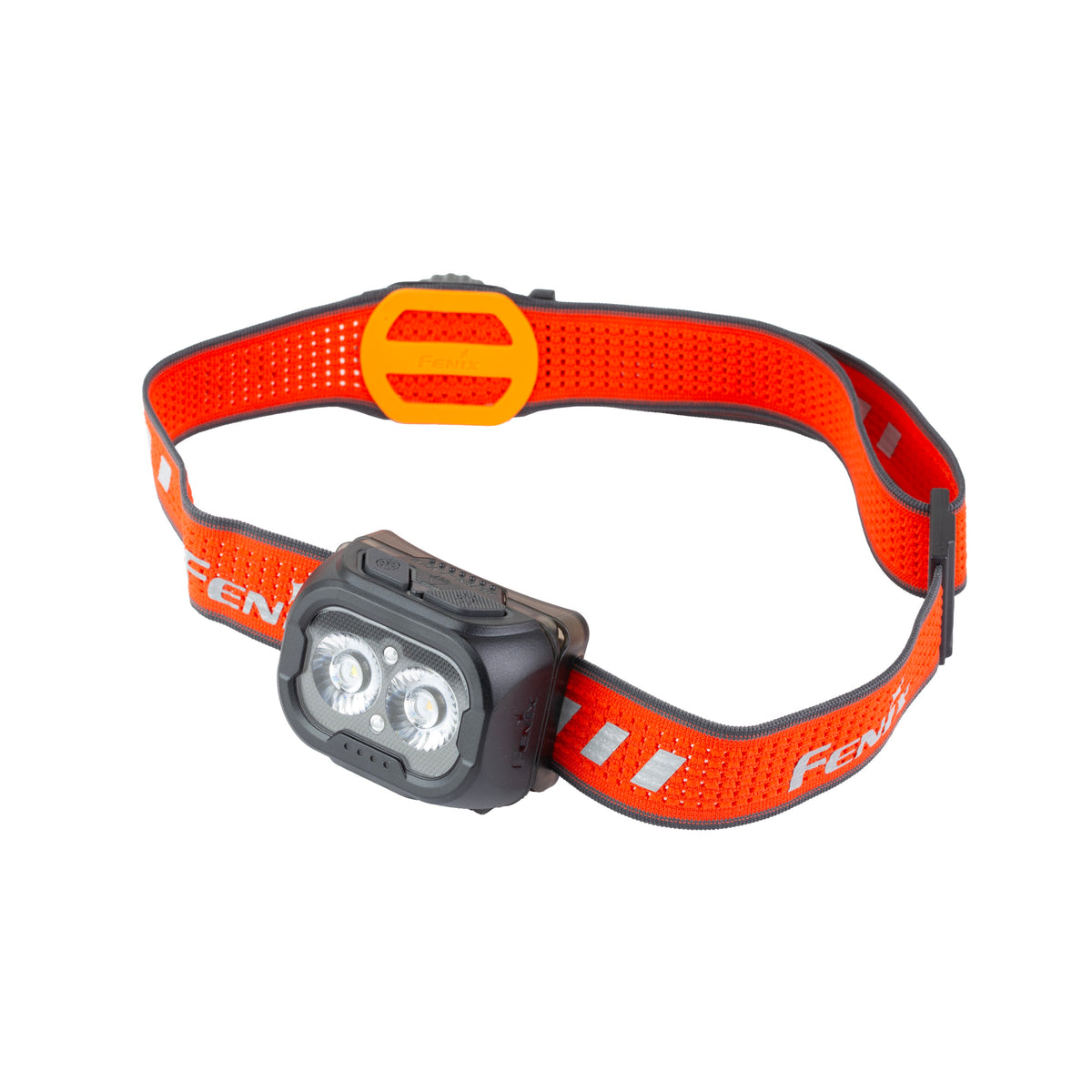 Fenix HL18R-T V2.0 headlamp in black with orange SPORT headband, angled front view