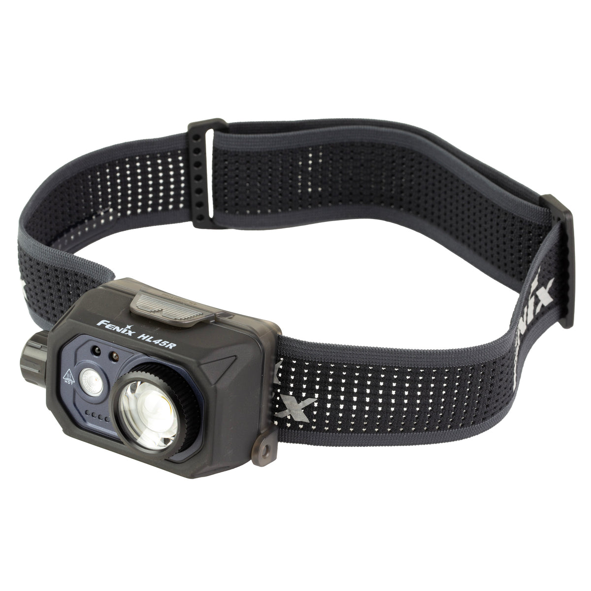 Fenix HL45R headlamp with black headband and circular focus ring, angled front view