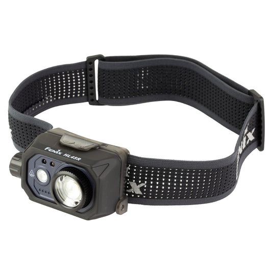 Fenix HL45R headlamp with black headband and circular focus ring, angled front view
