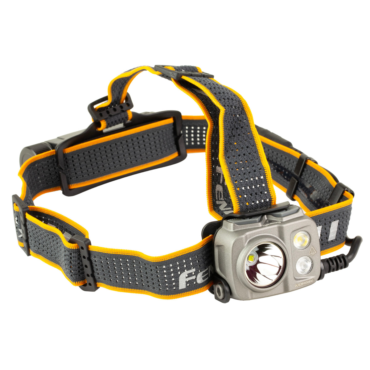 Fenix HP25R V2.0 headlamp from the opposite front angle, showing the lamp face and overhead strap