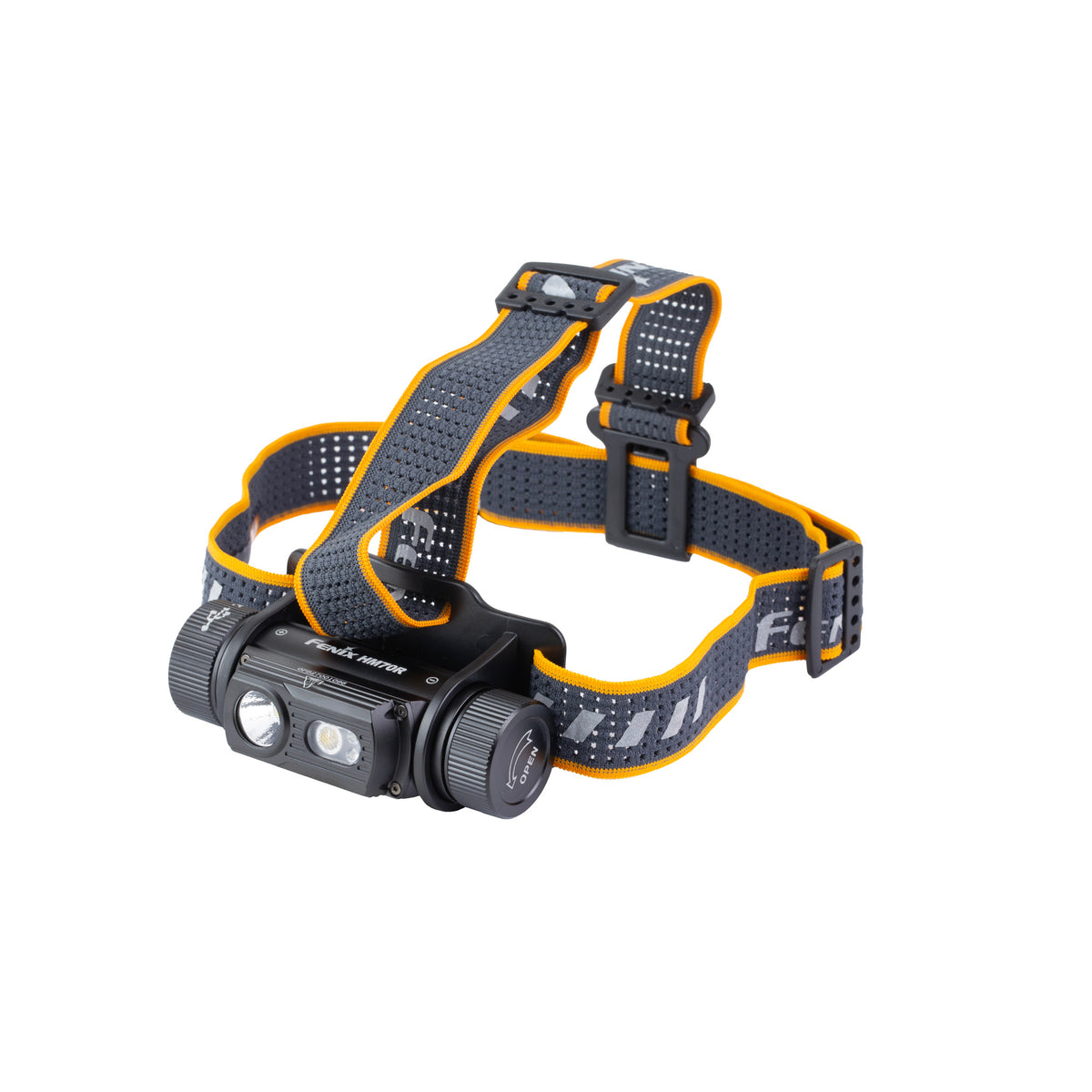 Fenix HM70R headlamp with black and yellow headband and overhead strap, angled front view