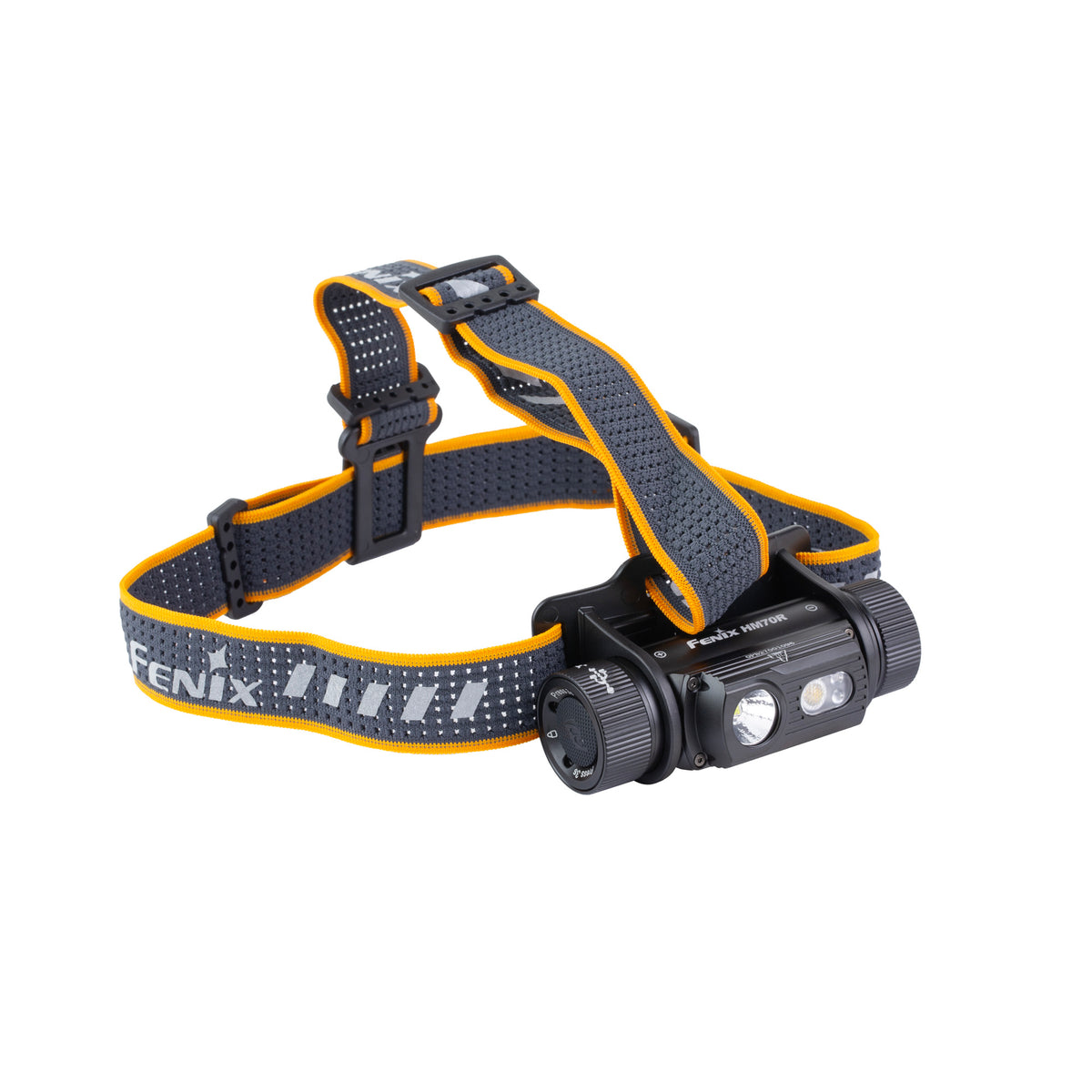 Fenix HM70R headlamp from the opposite angle, showing the circular side switch and lamp face