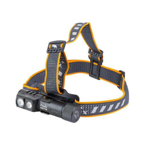 Fenix HM71R headlamp mounted on a black and yellow headband with overhead strap