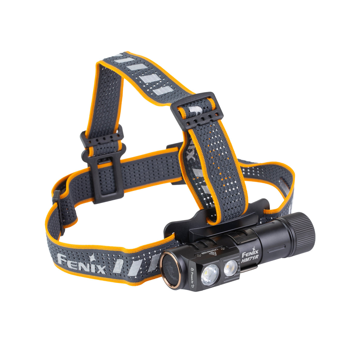 Fenix HM71R headlamp from the opposite angle, showing the spotlight and floodlight lenses