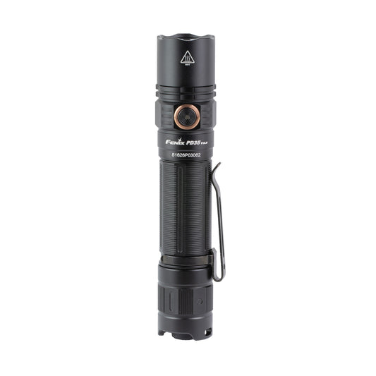 Fenix PD35 V3.0 flashlight in black, upright with side button and pocket clip visible