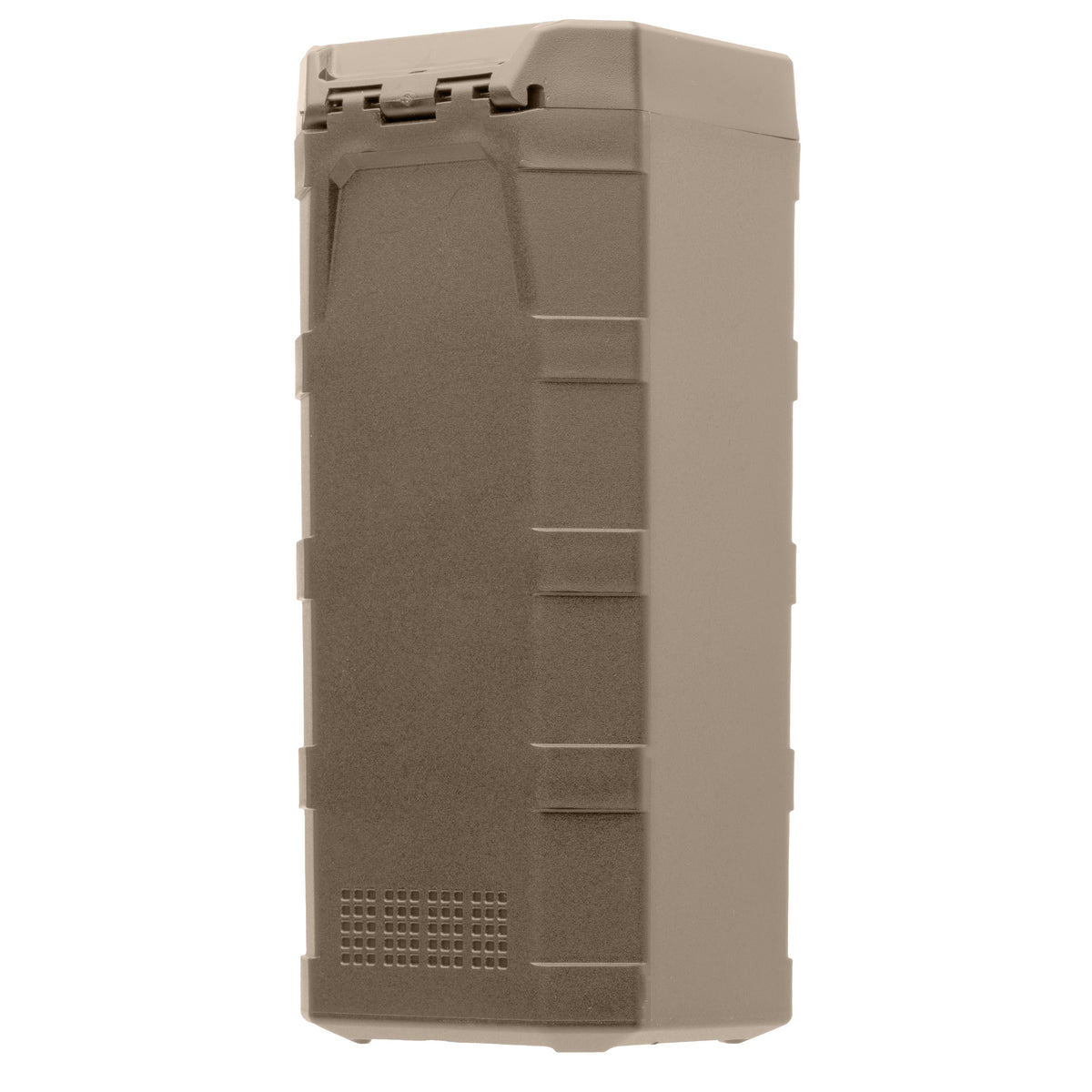 Flat Dark Earth Magpul DAKA Can 2.0, rear view showing the hinge and ribbed sides