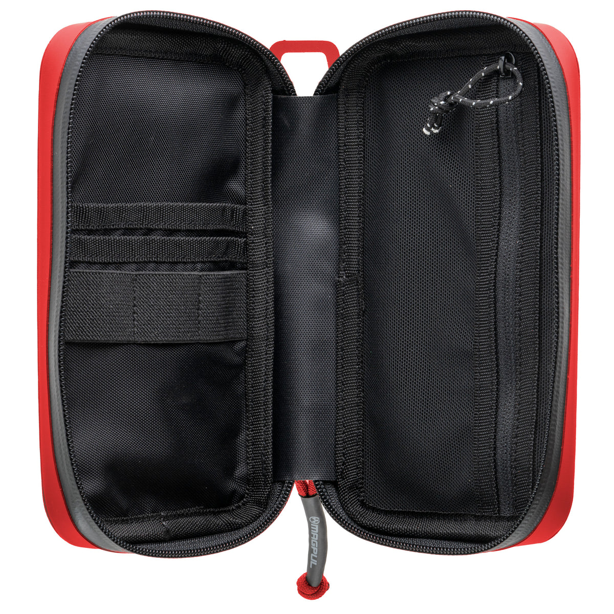 Red Magpul DAKA Utility Organizer open, showing interior pockets
