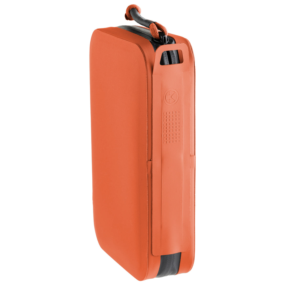 Orange Magpul DAKA Utility Organizer, Standard, standing on its end with the attachment loop visible