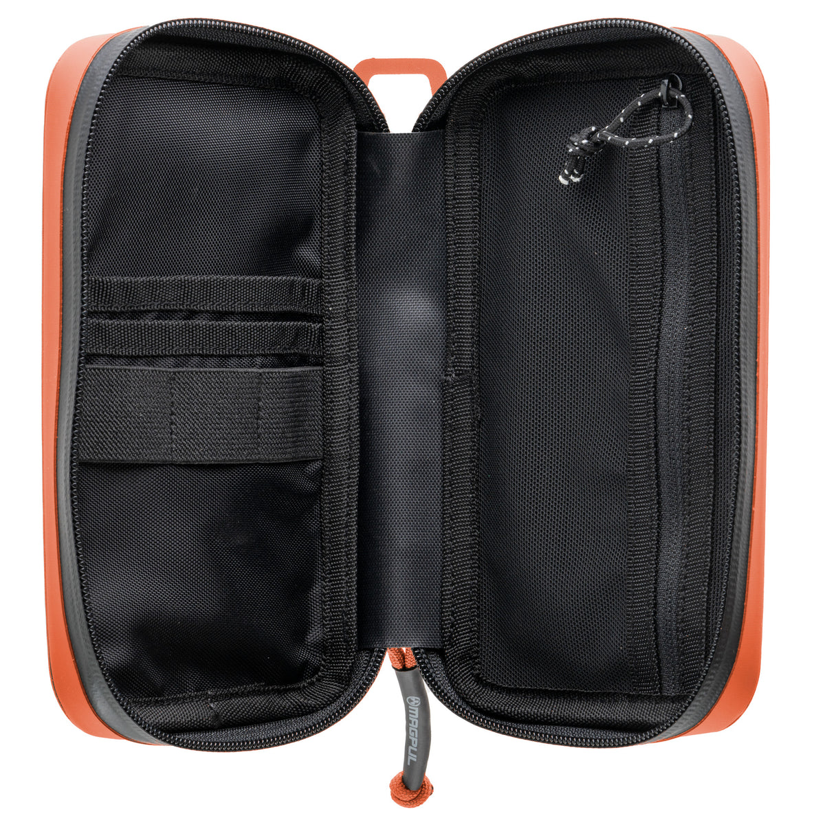 Orange Magpul DAKA Utility Organizer, Standard, open to show interior pockets and elastic loops