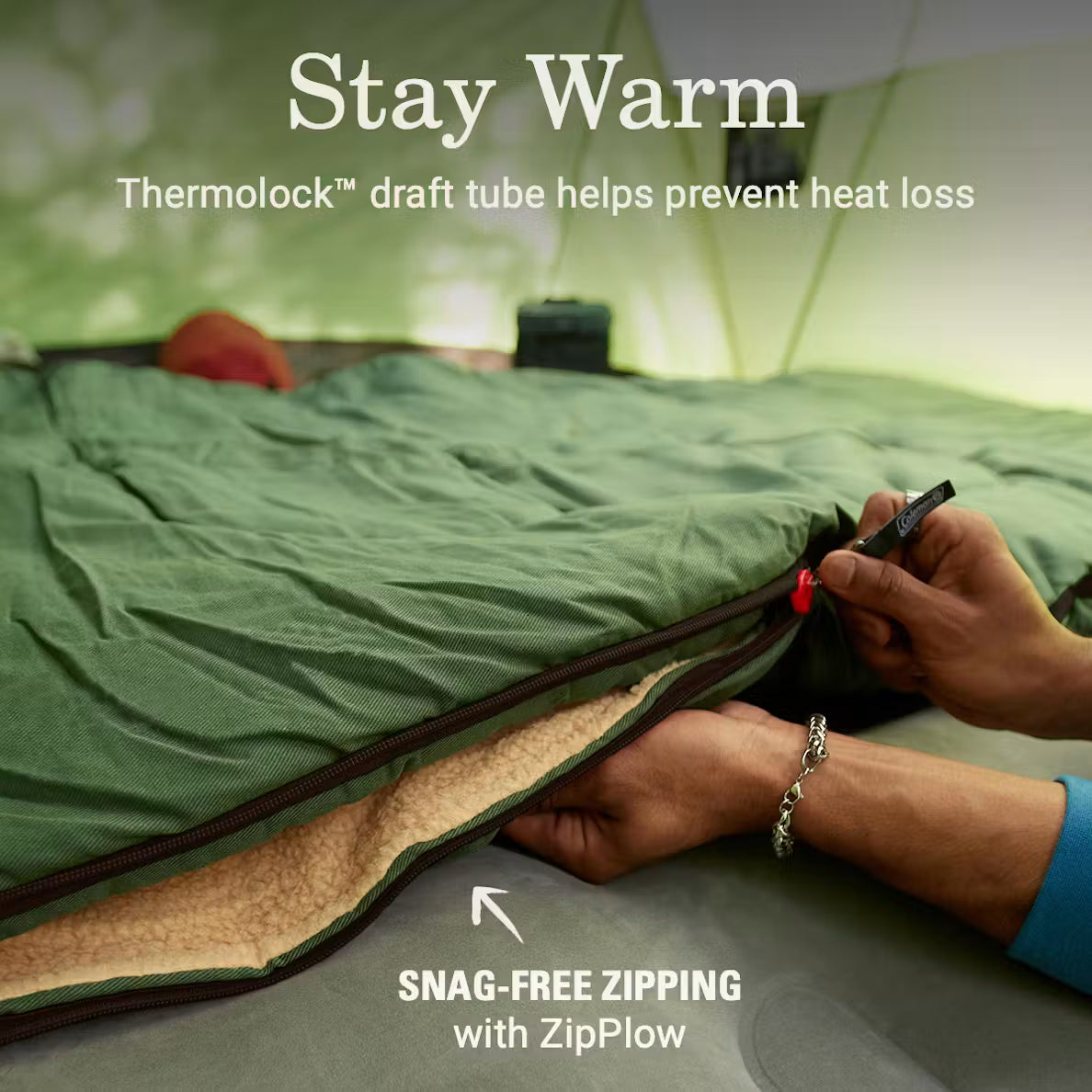 Coleman Big Game sleeping bag zipper and draft-tube feature graphic