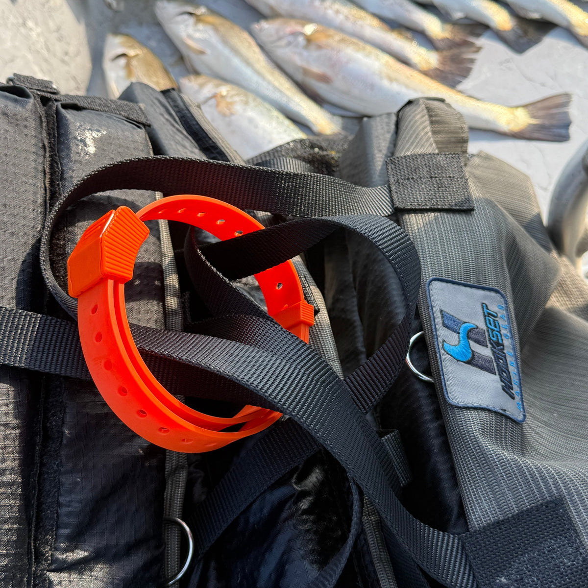 Orange Hoss gear straps stowed on a backpack