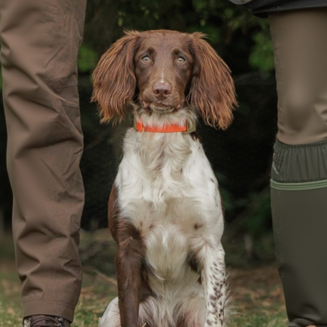 Dog wearing a Hoss collar beside its handler