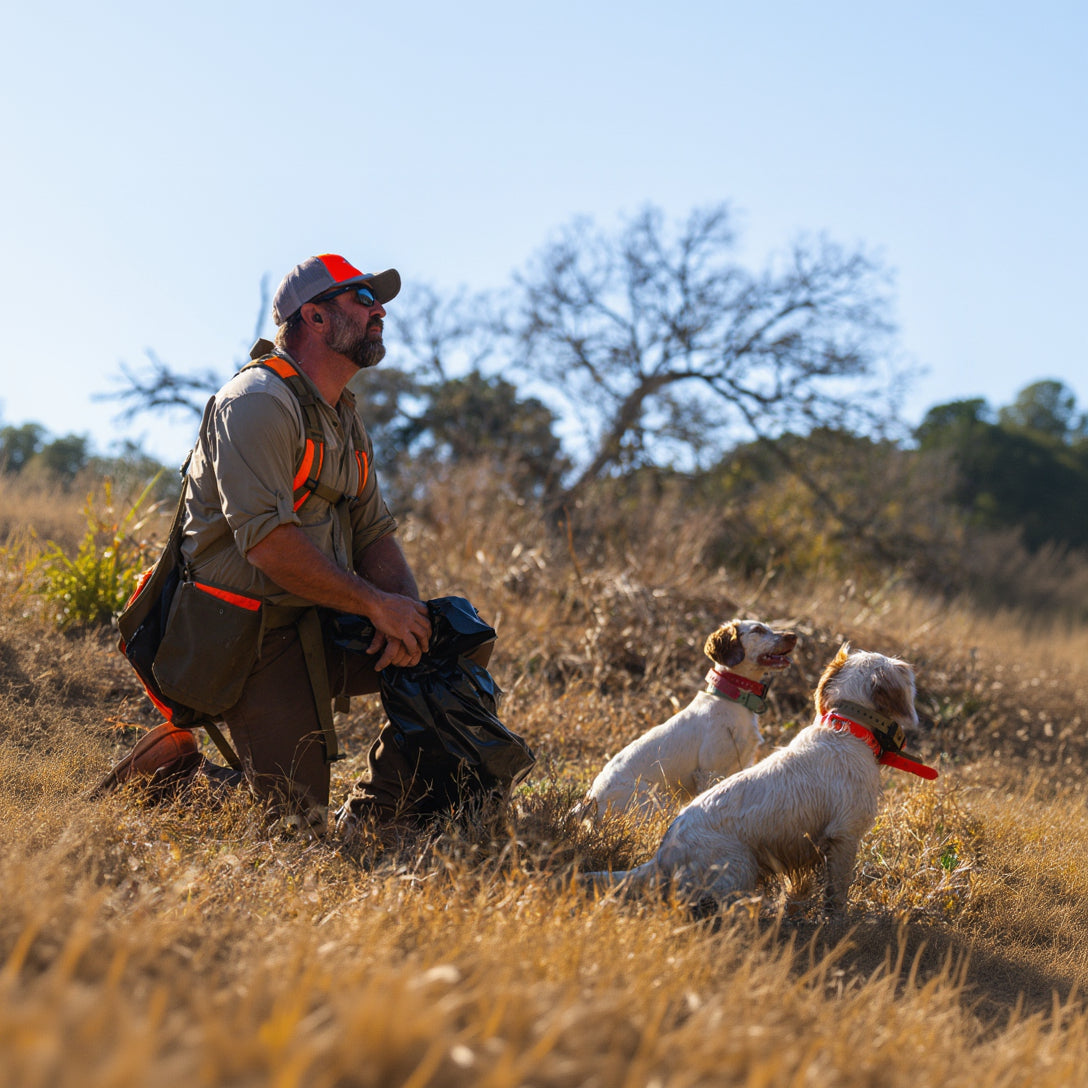 Handler kneeling beside a dog with Hoss training gear