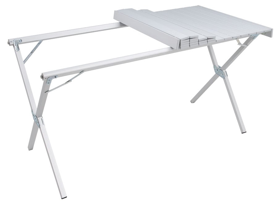 ALPS XL Dining Table with roll-top folded back and support rails exposed