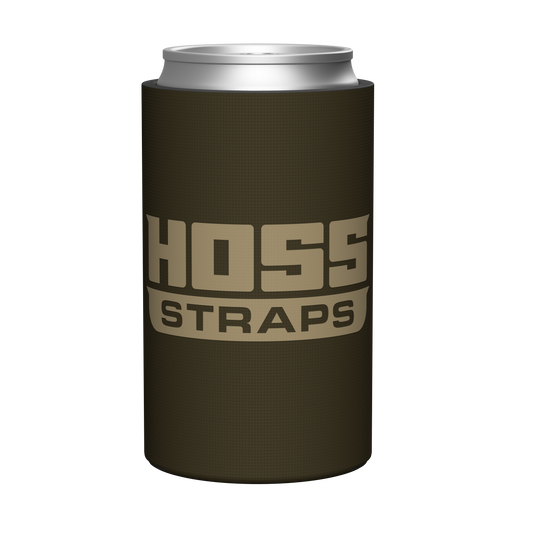 Hoss Straps green can koozie holding a beverage