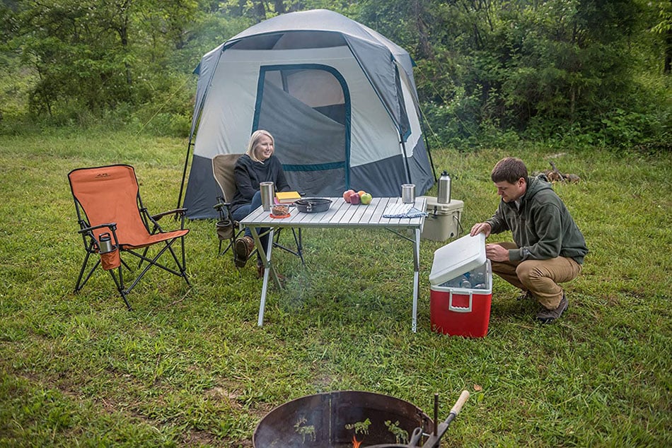 Campsite with an ALPS aluminum dining table, folding chairs, tent and cooler