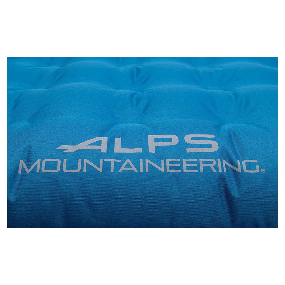 Close-up of the blue ALPS Vertex air bed fabric and logo