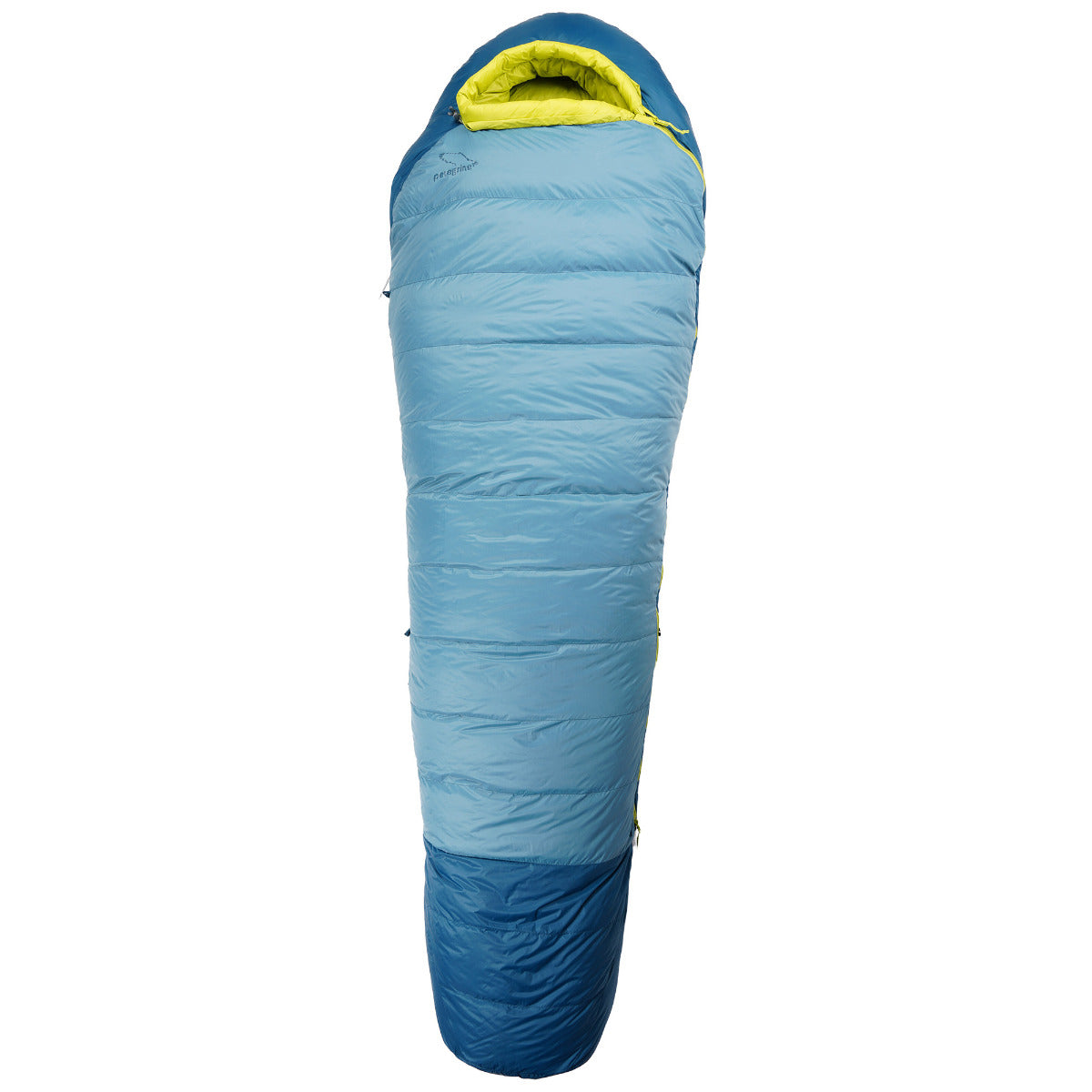 Full-length front view of the Peregrine Anatum sleeping bag with its hood open