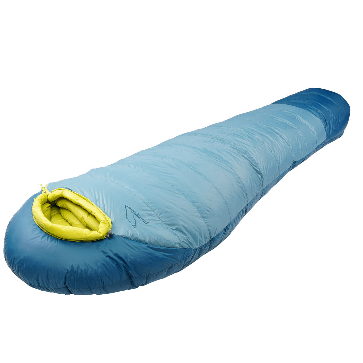 Peregrine Anatum 0°F sleeping bag with blue shell and yellow hood lining