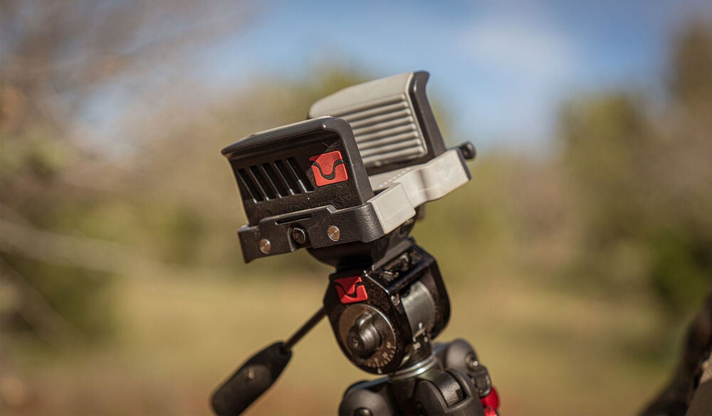 BOG DeathGrip UltraLite clamping head mounted on a field tripod
