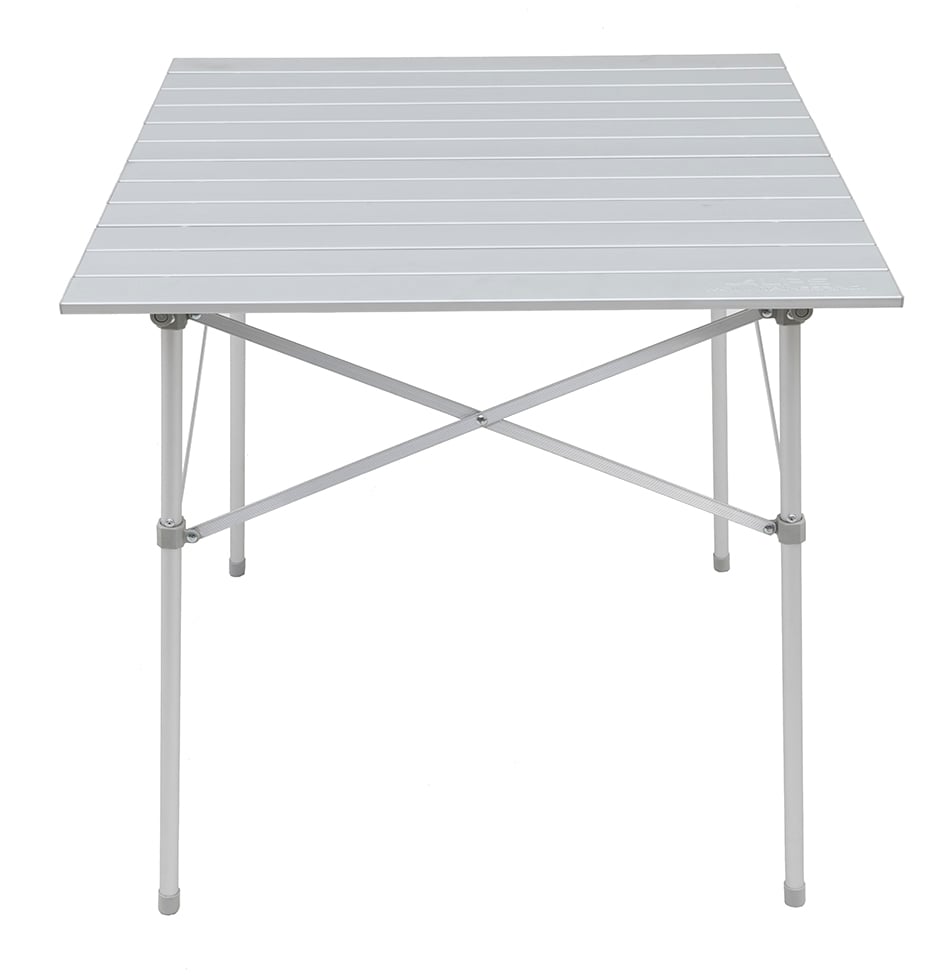 Front view of ALPS Camp Table showing square slatted top and crossed supports