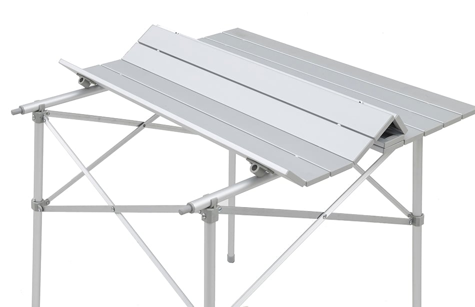 ALPS Camp Table with roll-top folded back and support frame exposed