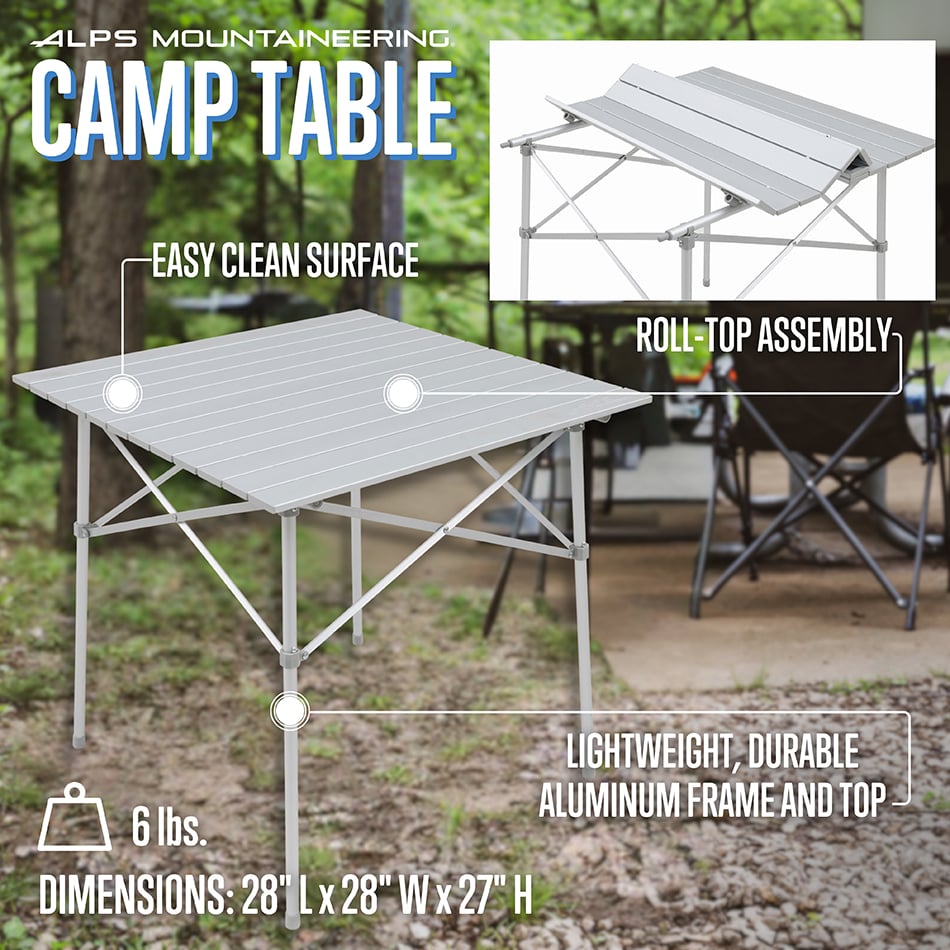 ALPS Camp Table graphic showing roll-top assembly, 6 lb weight and 28 by 28 by 27 inch dimensions