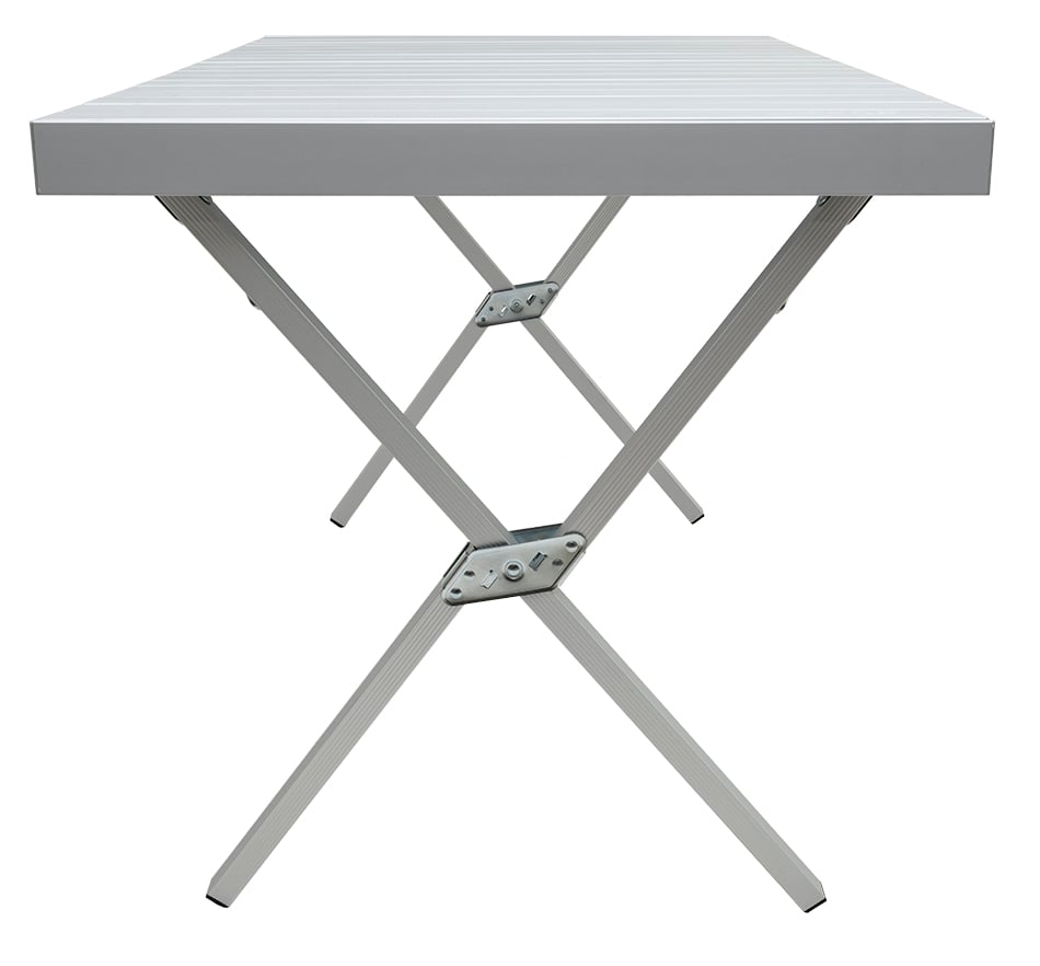 ALPS Regular Dining Table end view with silver tabletop and crossed legs