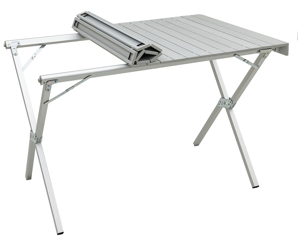 ALPS Regular Dining Table with its roll-top folded back to expose support rails