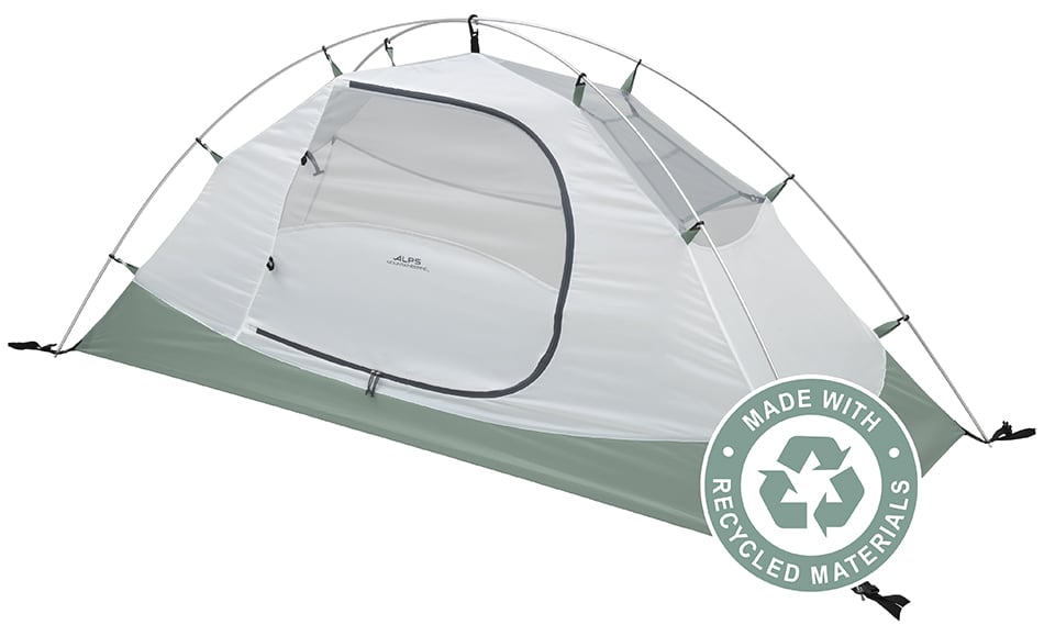 ALPS Felis 1 tent without rainfly, shown beside a recycled-materials graphic