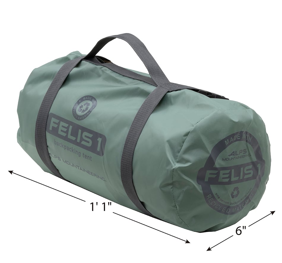 ALPS Felis 1 carry bag with a packed-size diagram