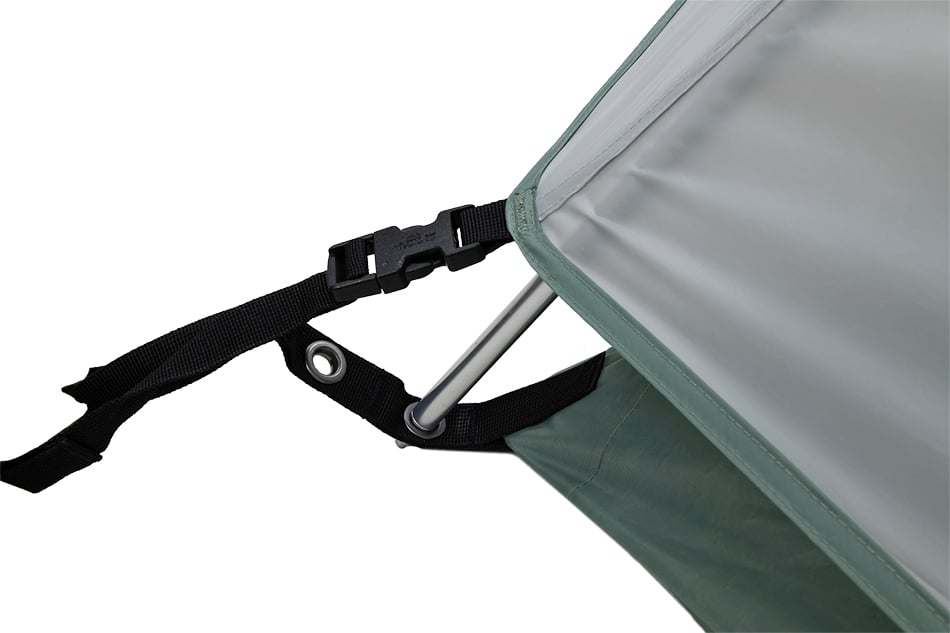 ALPS Felis rainfly buckle and pole attachment at a tent corner