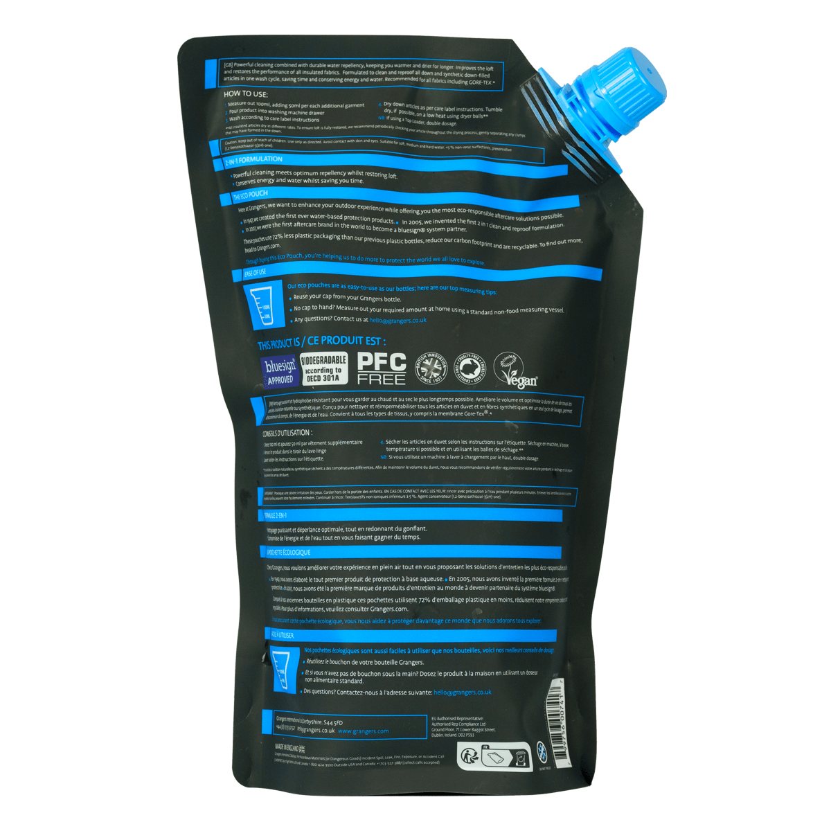 Grangers Wash + Repel Down 2 in 1 pouch, rear label with use instructions