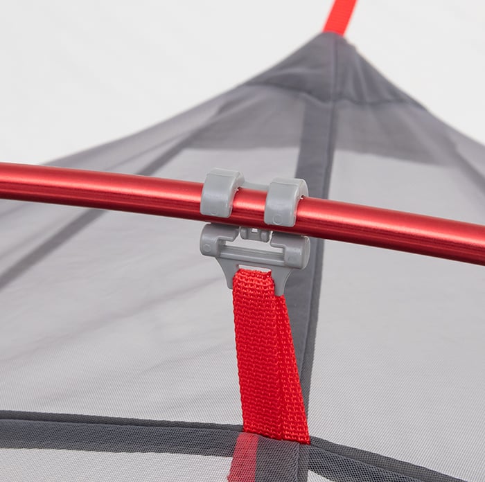 ALPS Helix tent-body clip attached to a red support pole
