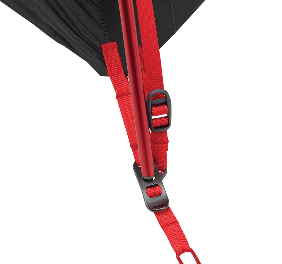 Close-up of the ALPS Helix rainfly corner buckle and adjustment strap