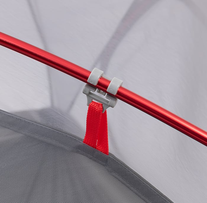 ALPS Helix tent body clipped to a red support pole