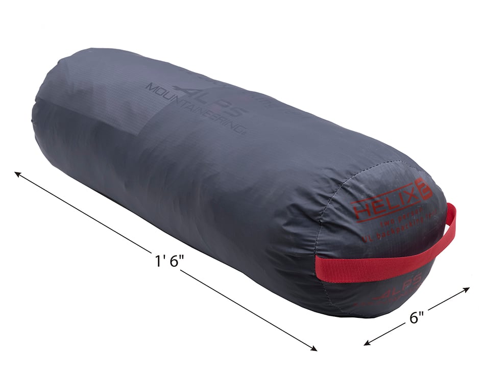 ALPS Helix 2 tent packed in its carry sack with a size diagram