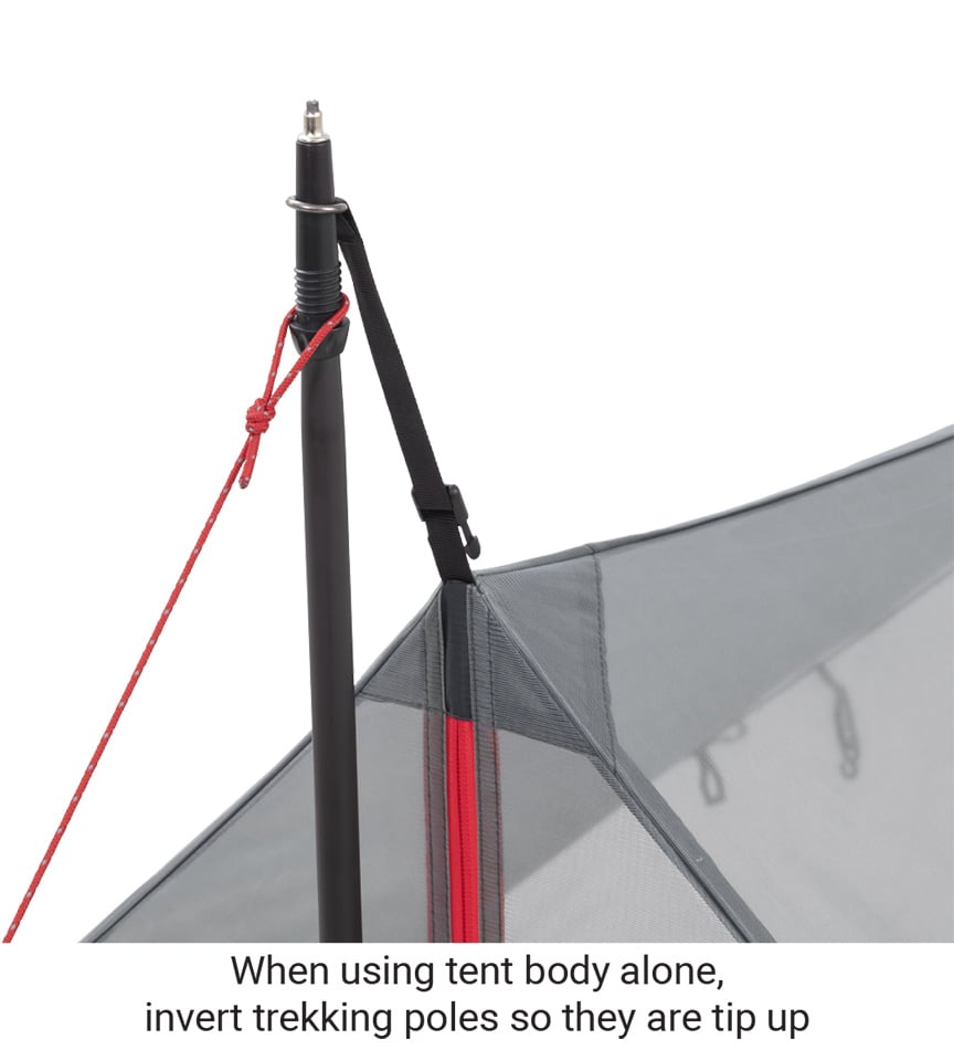 ALPS Hex 2 mesh-body setup showing an inverted trekking pole; pole sold separately