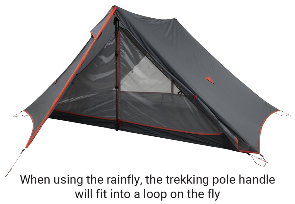 ALPS Hex 2 tent with open vestibule, showing trekking-pole support; poles sold separately