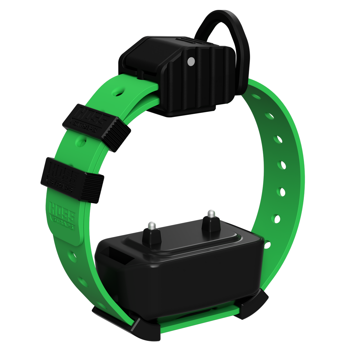 Hoss Straps Pro Series Training Collar Setup with green strap, black hardware and example training device