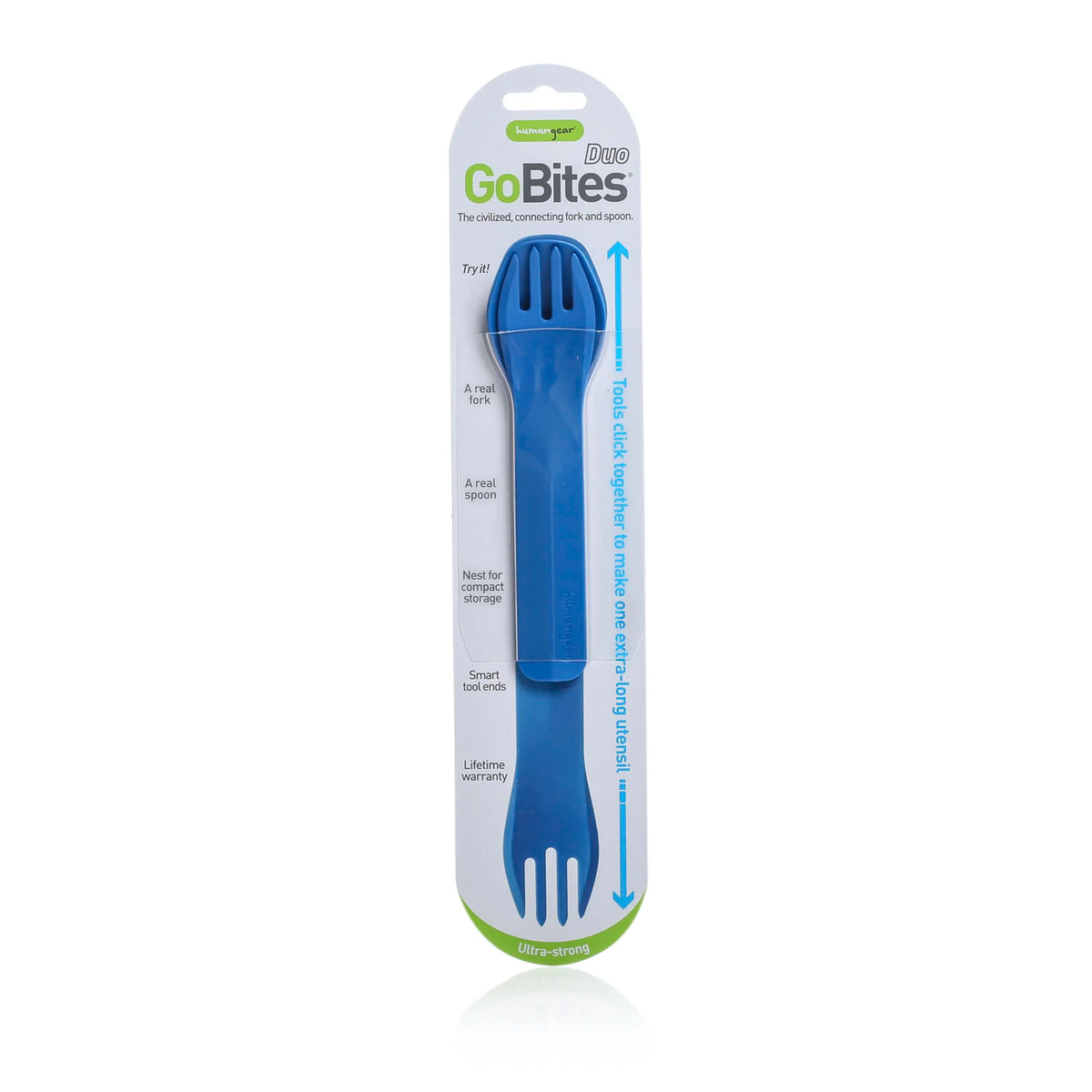 Blue humangear GoBites Duo fork and spoon in manufacturer packaging