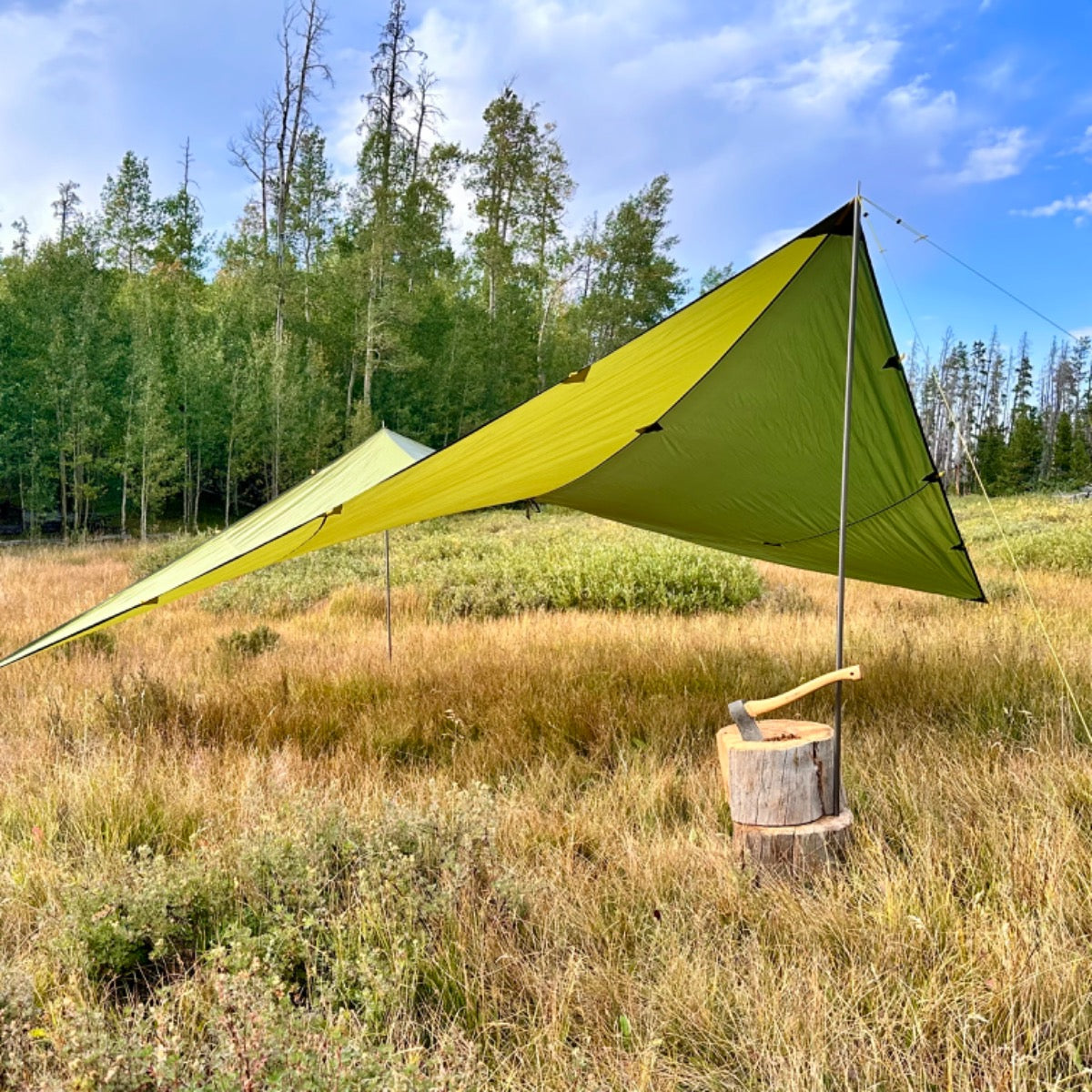 Peregrine Spanner tarp pitched on poles in a grassy clearing