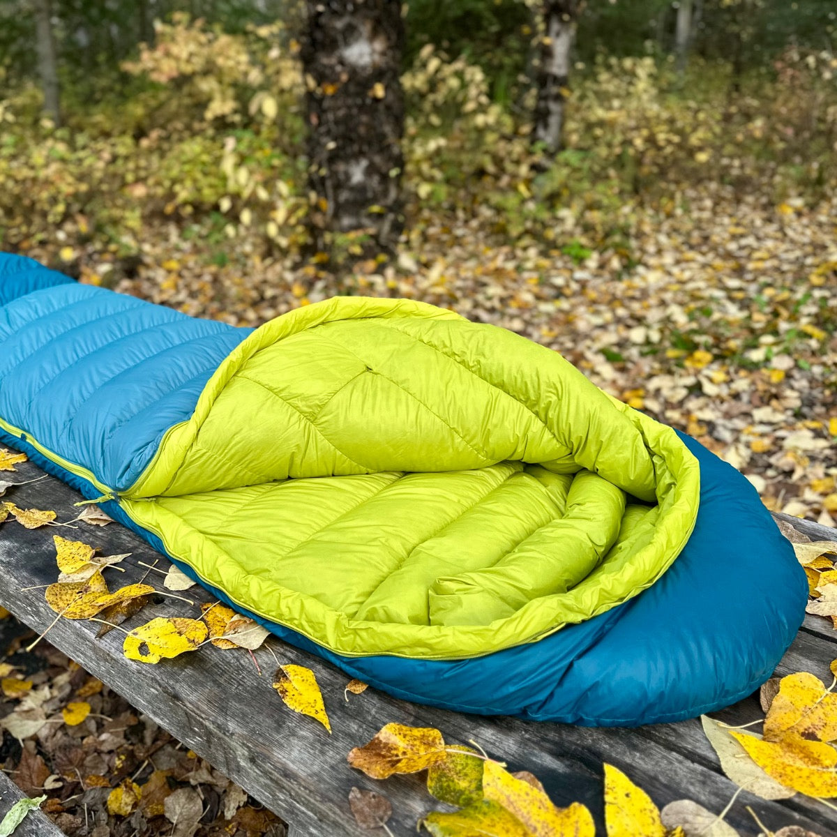 Angled view of the Peregrine Anatum sleeping bag's open hood on a picnic table