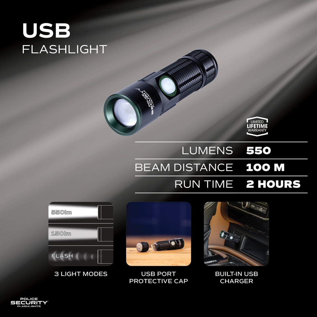 Police Security USB Car Flashlight 550 lumens — manufacturer performance chart